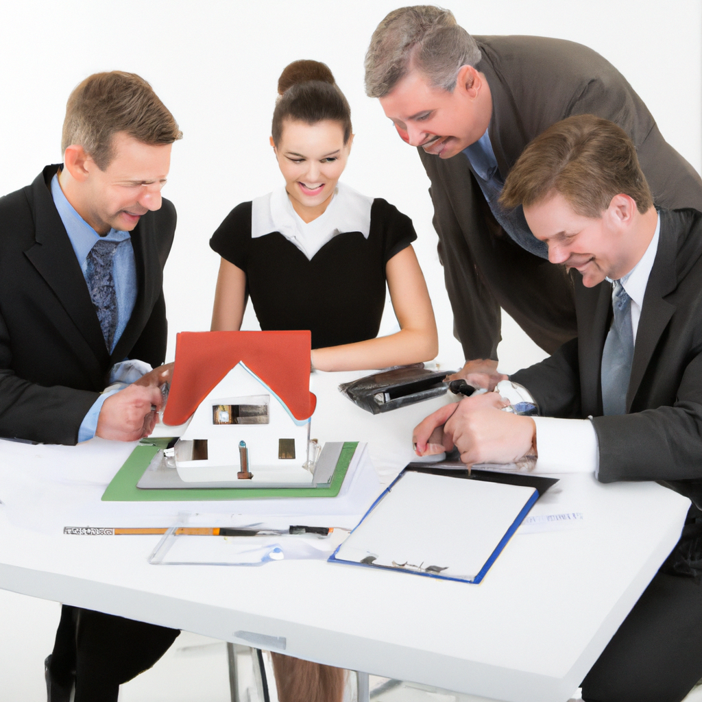 Equipe profissional de imóveis discutindo planos de casas